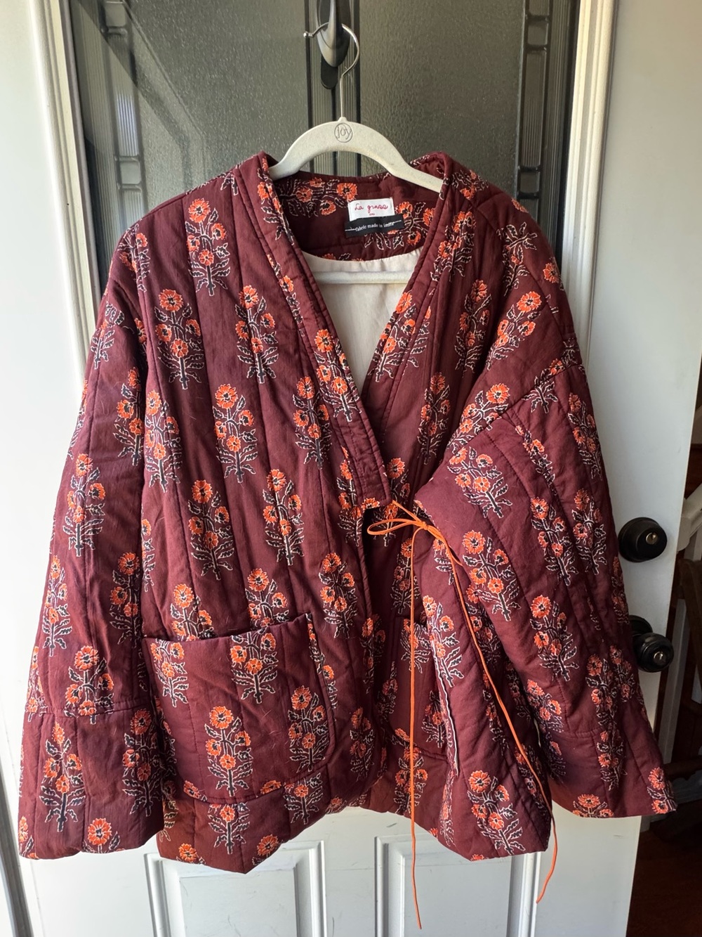 Grana Burgundy Quilted Floral Wrap Jacket with Orange Embroidery